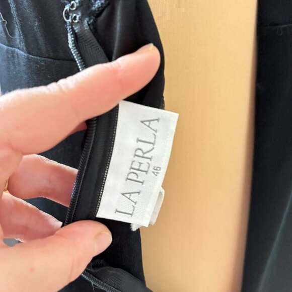 Vintage La Perla LBD 46 L Midi Cocktail Dress Sheath Black Square Neck Classy - Picture 6 of 8